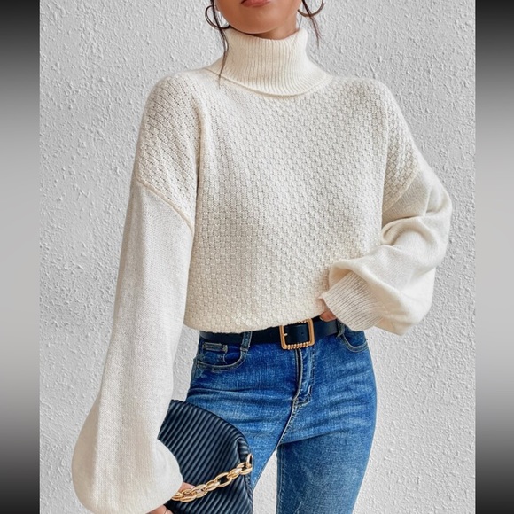 Comfy Turtleneck Twist Cut Out Criss Cross Back Bishop Sleeve Sweater Top - Picture 6 of 7